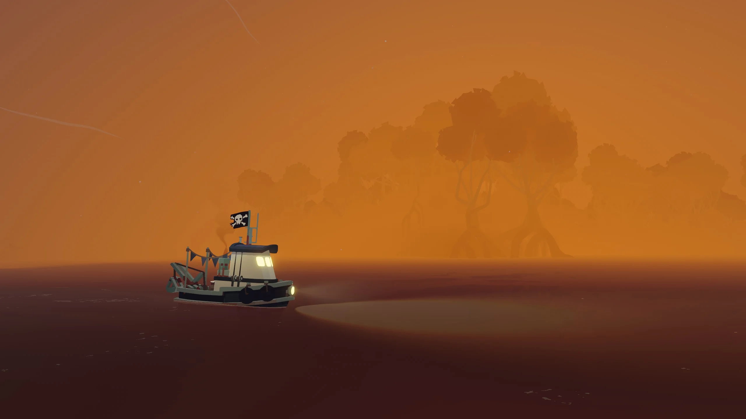 capture d'écran du jeu Dredge. Un bateau de pêche navigue dans une scène aux teintes rougeatres. On distingue une mangrove au travers de la brume orangée.