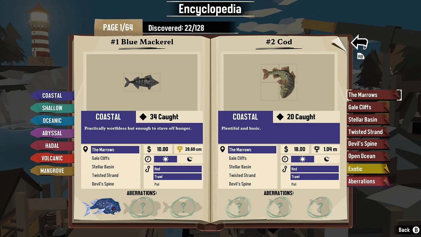 capture d'écran du jeu Dredge. Double page de l'encyclopédie du jeu, qui nous donne des renseignements utiles sur les 150 espèces de poissons capturables, qu'ils soient normaux ou des variantes aberrantes.