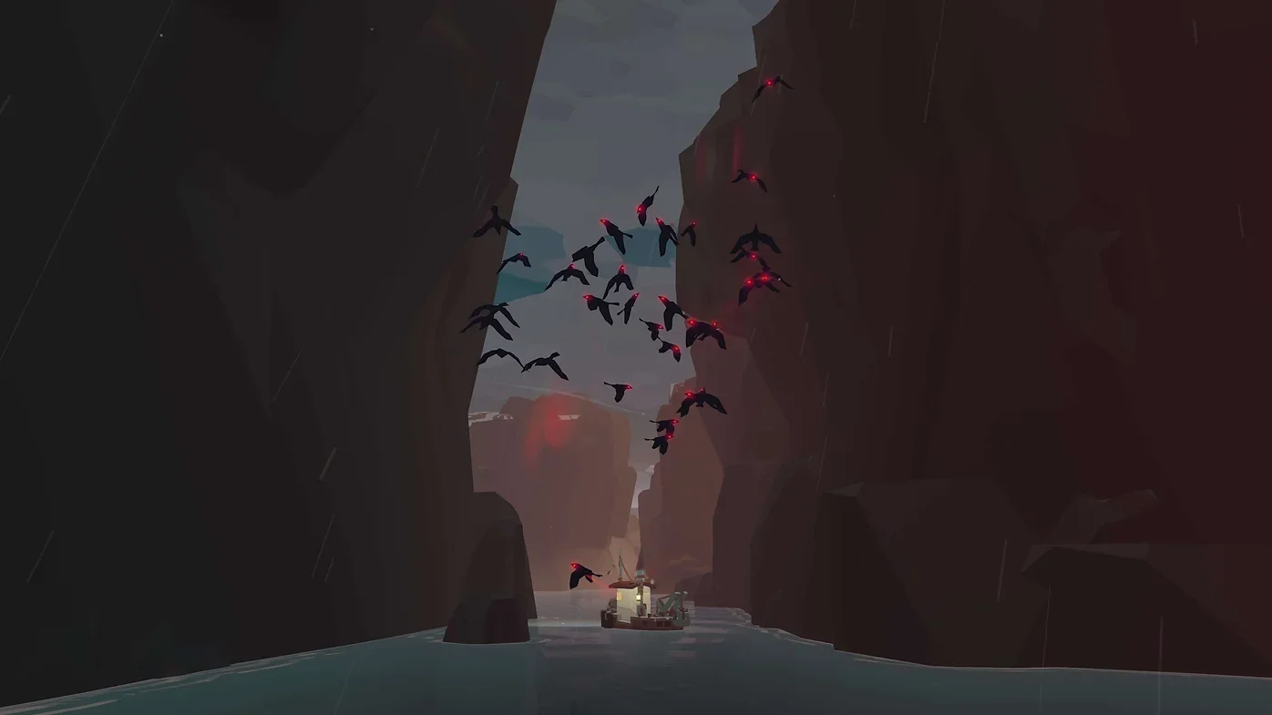 capture d'écran du jeu Dredge. Au dessus du bateau de pêche, lorsque le personnage joueur est en proie à la folie, des oiseaux noirs aux yeux rouges tourbillonnent dangereusement.