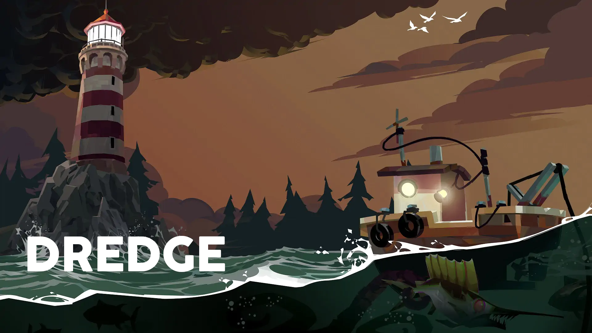 Key Art officiel du jeu vidéo Dredge. On y voit un bateau de pêche en mer sous la lumière d'un phare. Le ciel se charge de nuages noirs. Sous la coque du bateau, un poisson terrifiant nage en quête d'une proie.