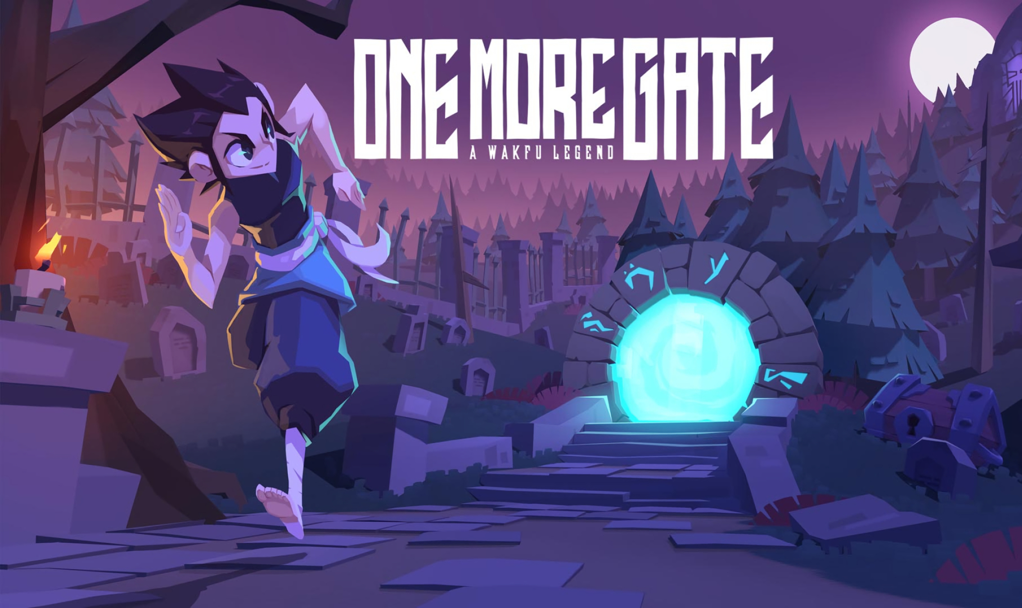 Key Art officiel du jeu vidéo One More Gate. On y voit Oropo, le personnage principal du jeu, courir dans un cimetière en s'échappant du Zaap.