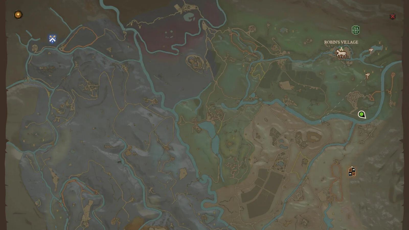 capture d'écran du jeu Robin Hood : Sherwood Builders. On y voit la carte du monde, assez vaste, qui s'étend à perte de vue et indique quelques points d'objectifs, comme le camp de base de Robin des bois.