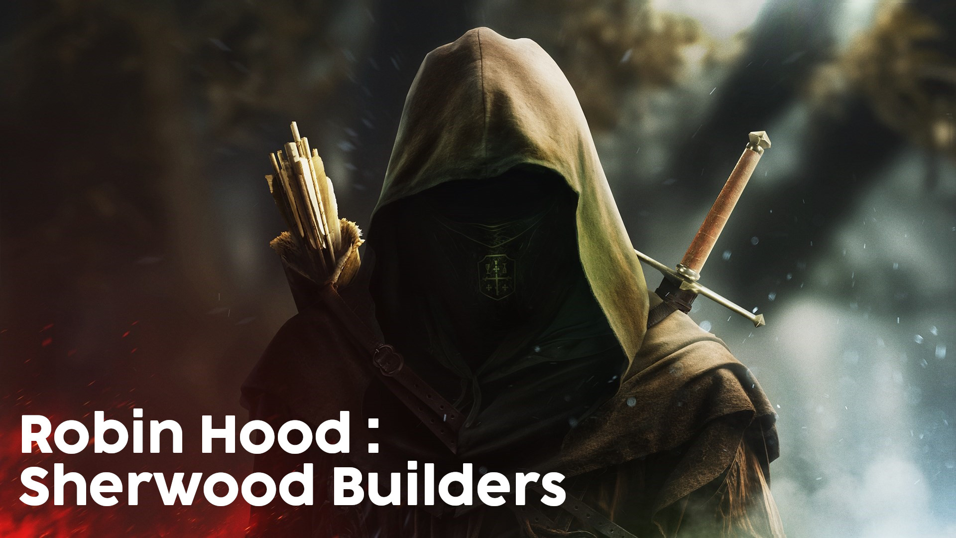 Key Art officiel du jeu vidéo Robin Hood Sherwood Builders. On y voit un homme encapuchonné portant les couleurs du clan de Robin des bois. On devine ainsi qui est l'homme sous la capuche.